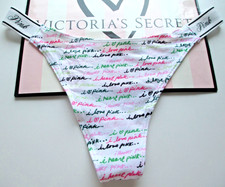 VICTORIA'S SECRET PINK Cotton Logo High Leg Thong Panty VS White Script S M L XL