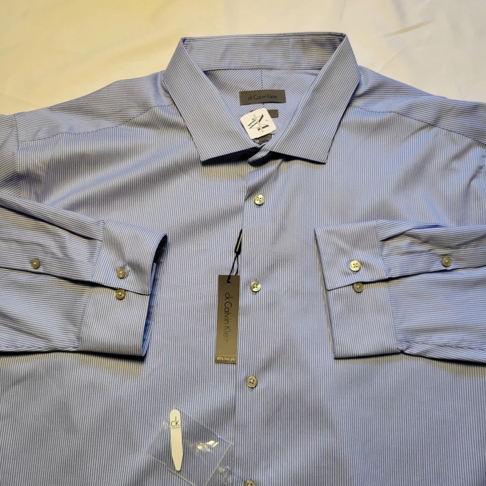 Calvin Klein Men's Blue Striped Slim Fit Non Iron Dress Shirt Size 20 34/35 NWT - Image 2 of 4