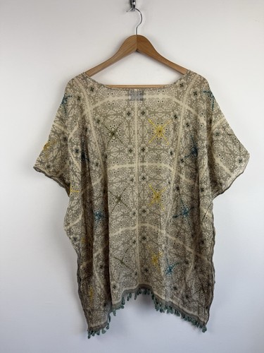 One Hundred Stars Kaftan Shirt Cover Up Blouse Tunic Grey Tassels Lightweight - Picture 4 of 9