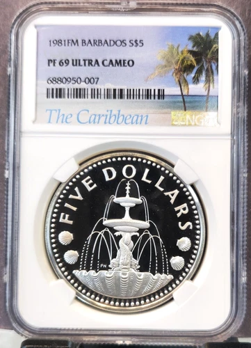 1981 BARBADOS SILVER 5 DOLLARS FOUNTAIN NGC PF 69 ULTRA CAMEO 835 MINTED TOP POP