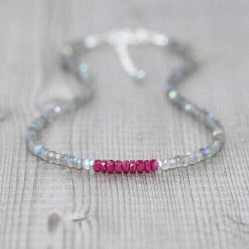 925 Sterling Silver Natural Labradorite & ruby Beads Necklace 18" Dainty - Picture 1 of 2
