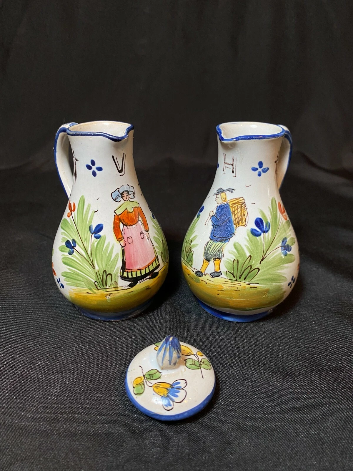 Quimper (?) Pottery Small 4" Vinegar & Oil Cruets