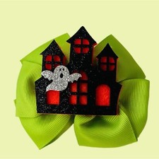 HALLOWEEN HAIR BOW for Girls Toddlers Green 4  inch Alligator Clip Handmade New