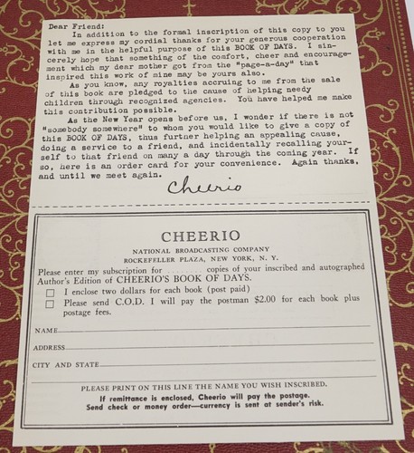 Cheerio's Book Of Days SIGNED Hardcover First Edition #80 of 1000 1940 NBC Radio - Imagen 14 de 14