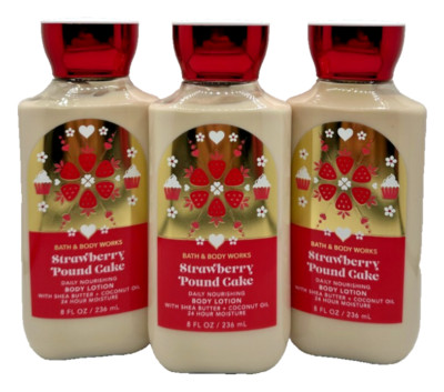 NEW Bath & Body Works Lot of 3 Bottles Strawberry Pound Cake Body Lotion 8 oz