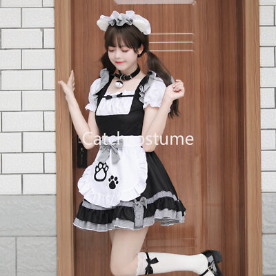 knee length dresses for ladies Plus Size Cosplay Monogatari Black & Pink Maid Costume Dress Set 4XL / Black / Dress + Apron + Hair ACC + Collar + Sleeve Cuffs + Garter main image 1