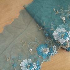 3 Yards 7.5" Wide Common Teal tulle Lace Embroidered in Beige/Blue/white tt041