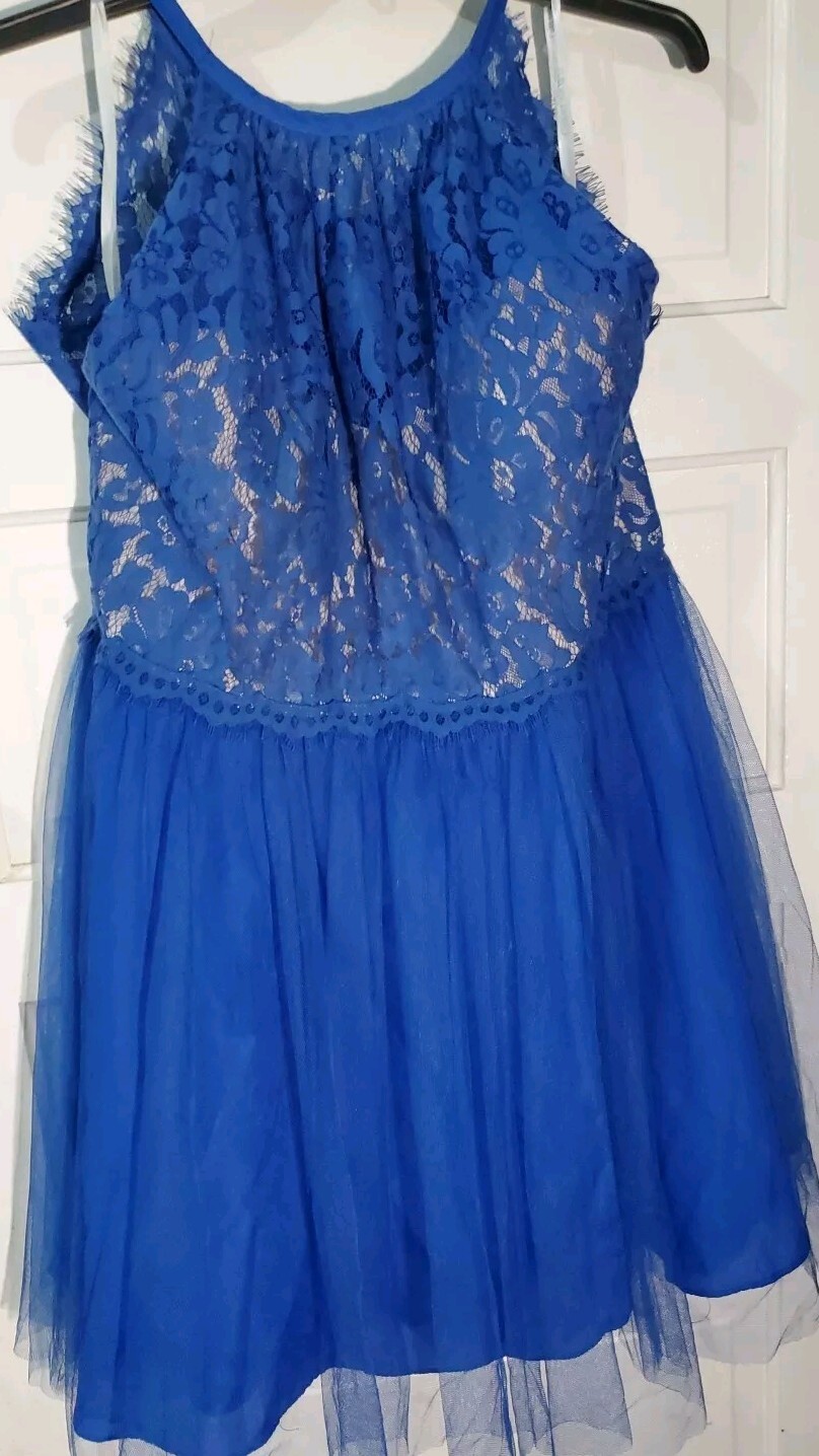 Christina Wu Cobalt Blue Lace Satin Mindi Dress Tulip Hem Formal Prom 22 Liner