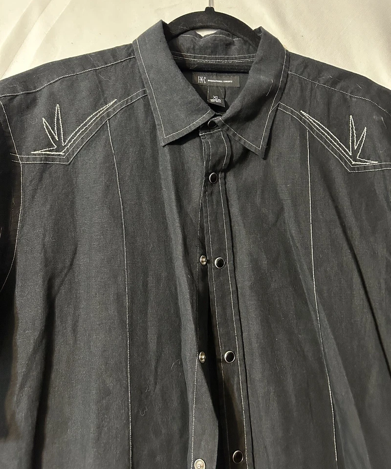 INC 国际概念男式黑色亚麻衬衫西部白色针 XL (S39) — 第 3/4 张图片