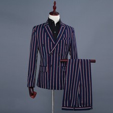 Mens 2 Piece Stripe Suit Double Breasted Peak Lapel Jacket Tuxedo Tailored