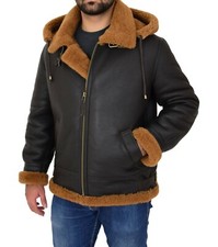 Mens Real Brown Sheepskin Flying Jacket Hooded Ginger Shearling B3 Pilot Aviator