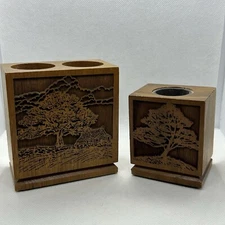 Lasercraft Laser 1977 Engraved Farm Tree Solid Walnut Desk Top Holder Vintage