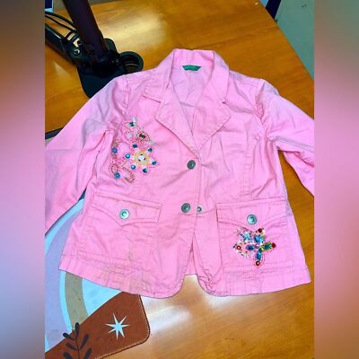 United Colors of Benetton Girls Pink Beaded Denim Jacket   Size 8 (M) Butterfly
