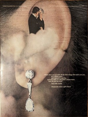 De Beers Diamonds Close Up Earring Vintage 1969  Folio Jewelry Print Ad