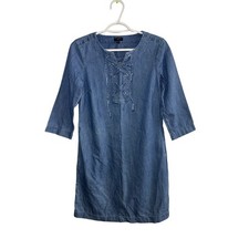 Talbots Chambray Denim Lace Up Shift Dress Womens 4P Casual Classic Preppy