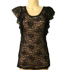  Matri U.S.A. Black Lace top Ruffle Cap Sleeve Size Small USA Y2K Vibe