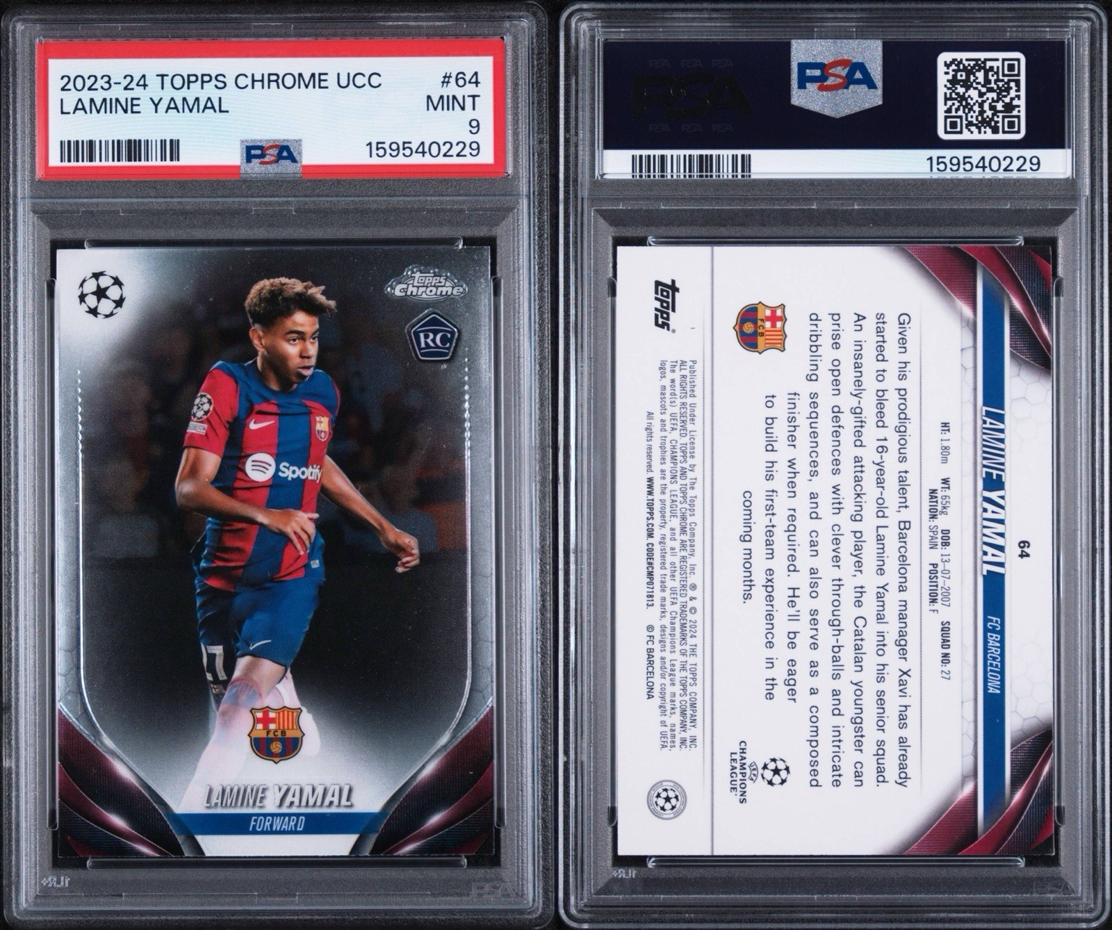 TOPPS CHROME UCC 2023-24 LAMINE YAMAL #64 ROOKIE FC BARCELONA PSA 9 RC view 3