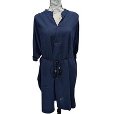 Davi & Dani Navy Blue V-Neck Dress Braided Tassel Belt Cuffed Sleeve- Large