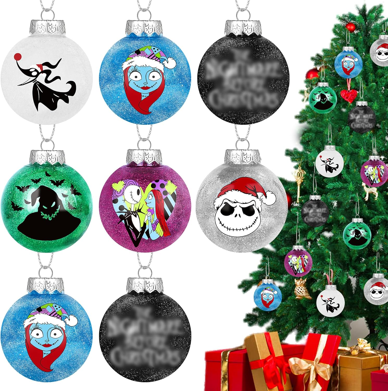 12PCS Halloween Christmas Night-Mare Ornaments for Tree, Glitter 2.36'' Hallowee