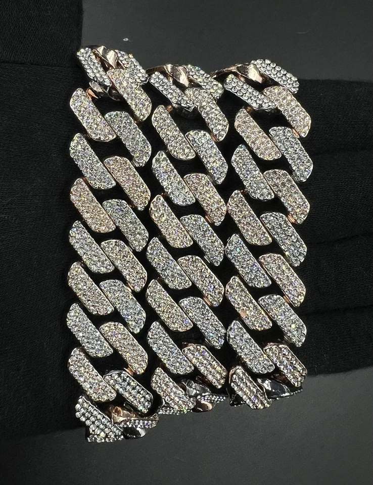 "Cadena de eslabones cubanos chapada en plata y oro rosa VVS1/Moissanita 24"" x 19 mm helada" Foto 3 de 4