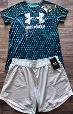 NWT Under Armour YXL Girls Teal Green/Gray BIG LOGO Play Up 5 inch Shorts Set XL