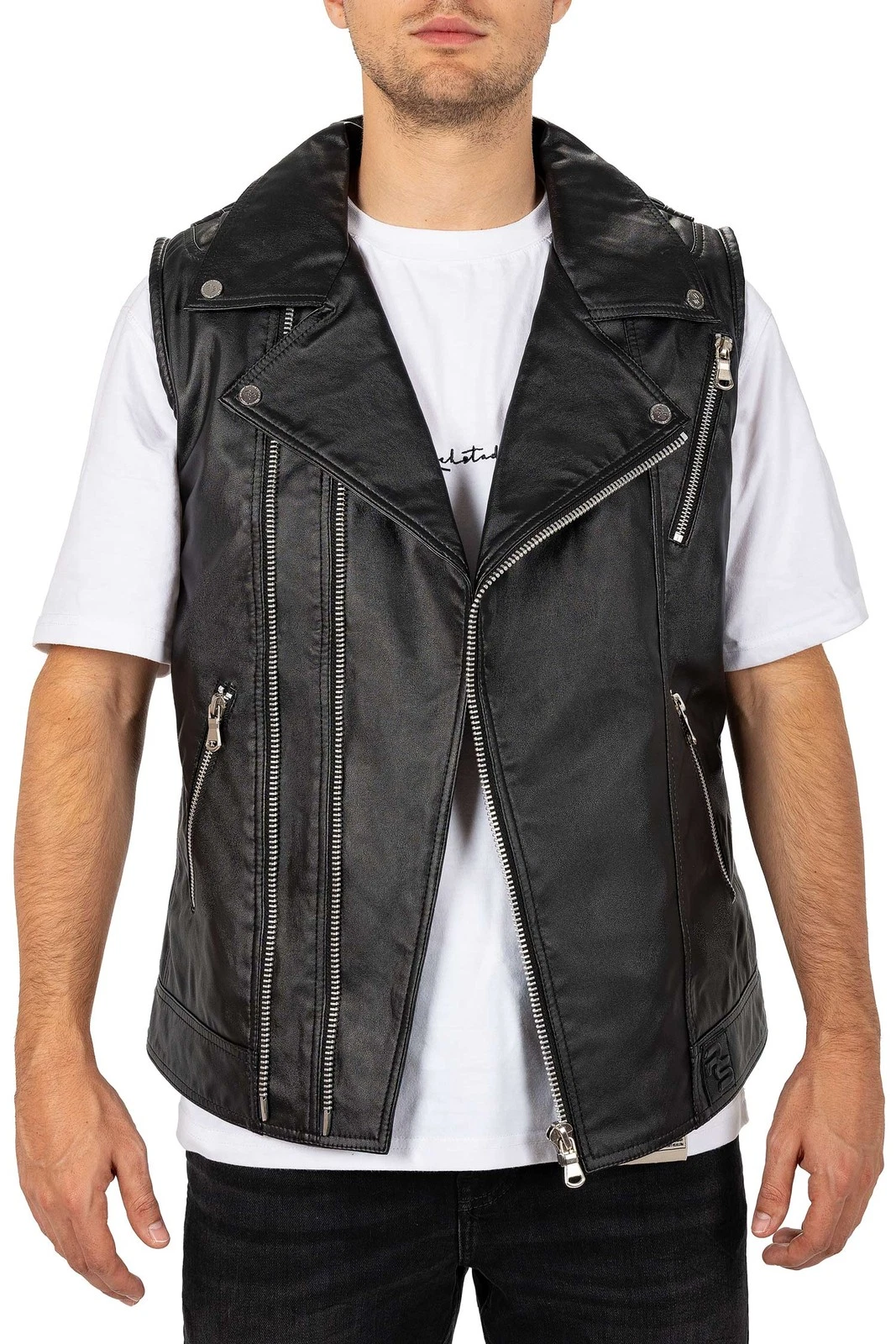 Reichstadt Men's Slim Fit Faux Leather Vest Ribbed Pattern 5 Pockets Double Zip