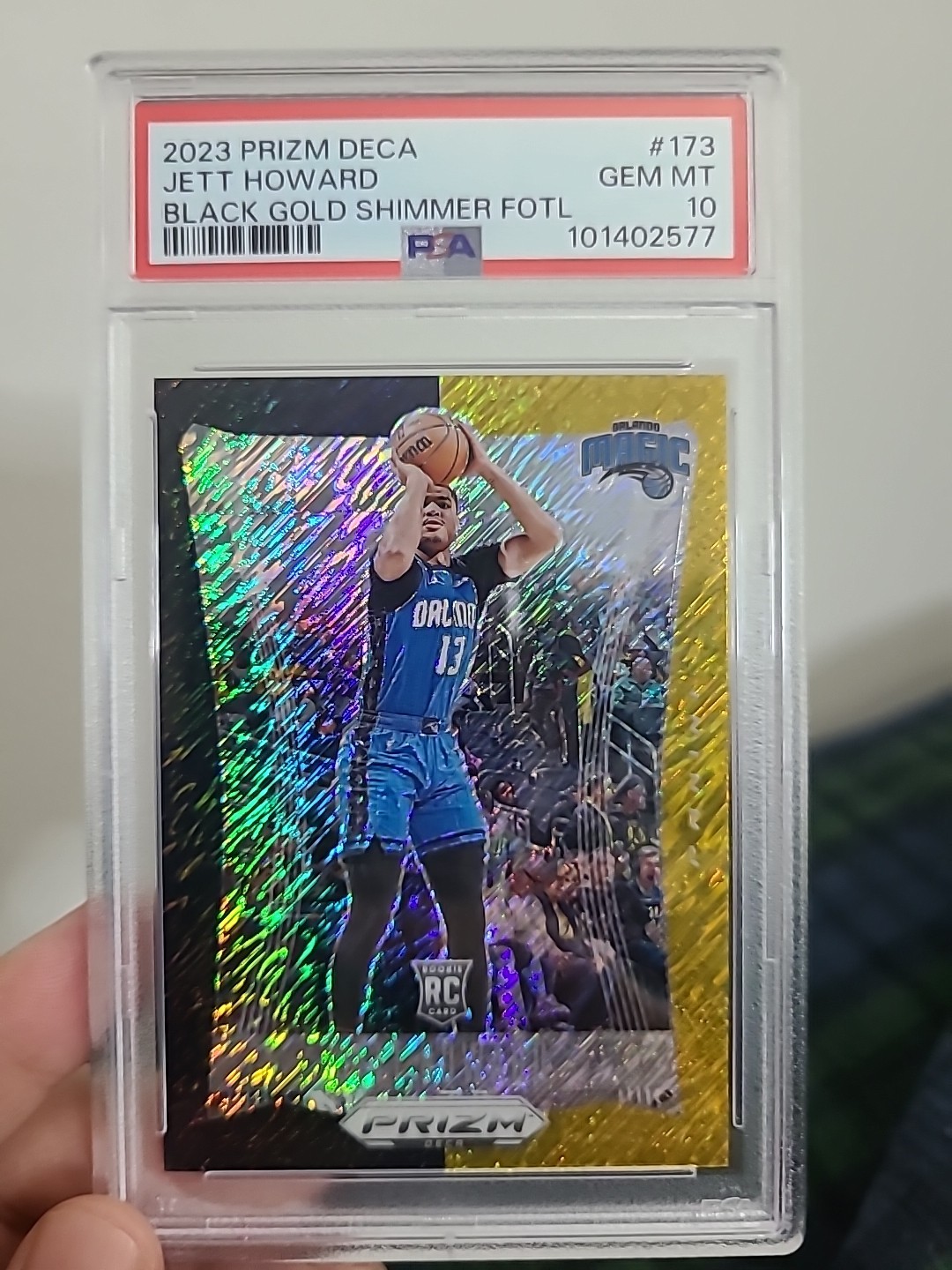 2023-24 Prizm Deca Jett Howard BLACK GOLD Shimmer /8 Rookie RC #173 Magic PSA 10
