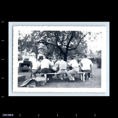 #ad Old Vintage Photo MEN SITTING AROUND PICNIC TABLE $3.00