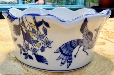 Vintage Large Blue and White Peacock Planter 
