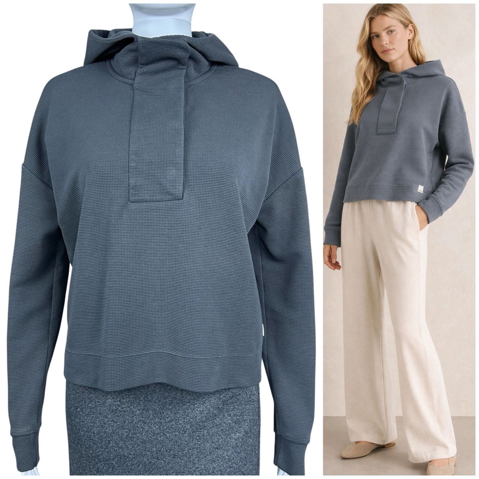 Vuori Bayview Thermal Hoodie Size XS Waffle Knit Snap Collar Charcoal Gray VW263