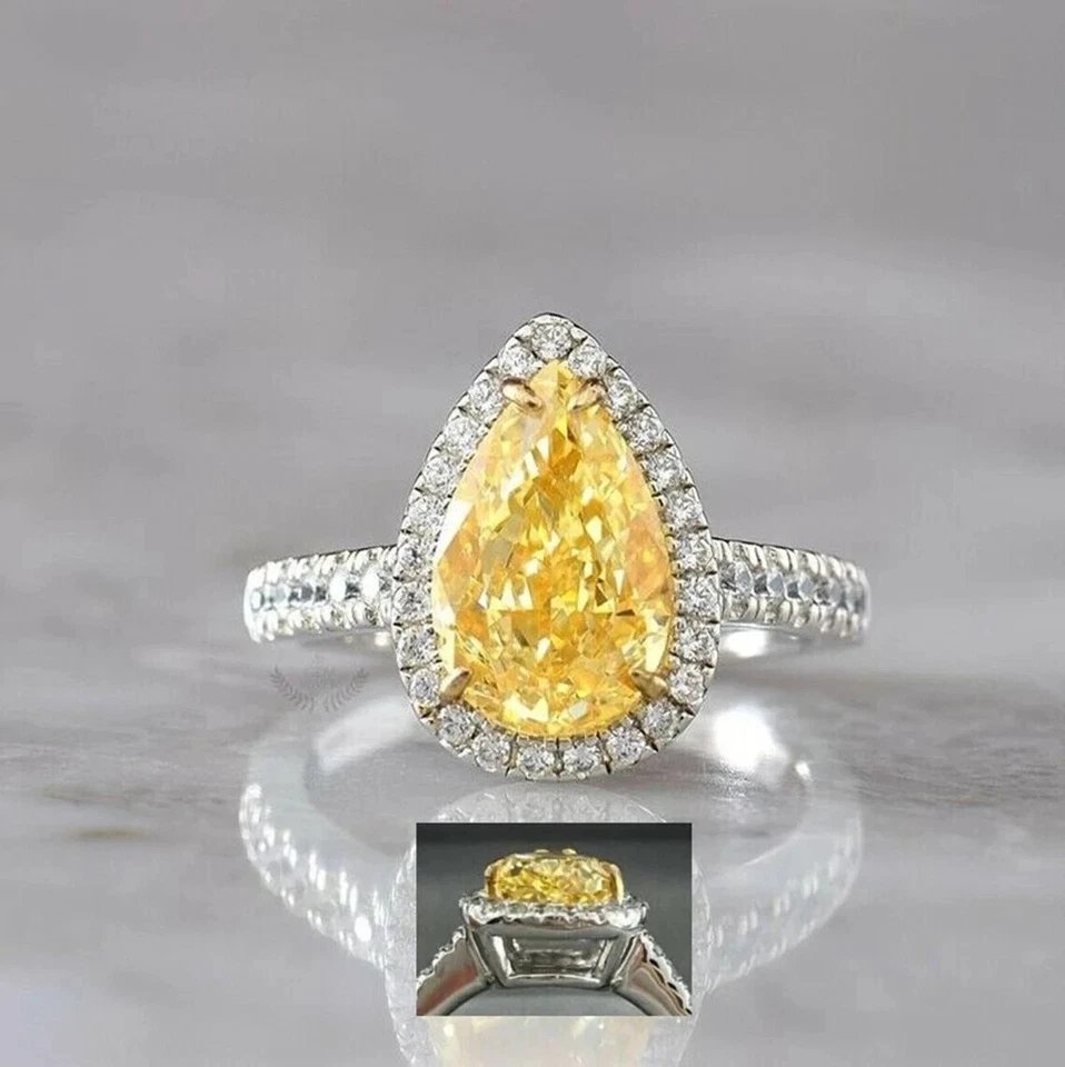 Art Deco Style Lab-Created Diamond Citrine Canary Ring For Her 14K White Gold FN - Image 4 of 4