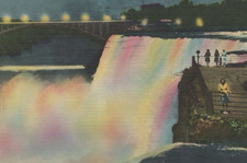 Night Scene of America s Niagara Falls Goat Island NY Linen Vintage Post Card