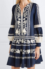 Tory Burch Gabriella Embroidered Floral Boho Dress Lace Navy Swiss Dot XS