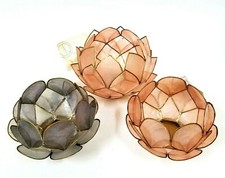 HAND CRAFT PINK,GRAY CAPIZ SHELL LOTUS BRASS ACCENT EDGE TEA LIGHT,CANDLE HOLDER
