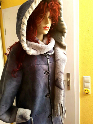 NEU TOSCANA echt Lamm Fell 38 M 40 Pelz Kapuze Mantel Jacke Shearling blau M022