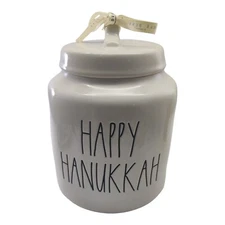 Happy Hanukkah Rae Dunn Ceramic Canister White Twist Off Lid Airtight