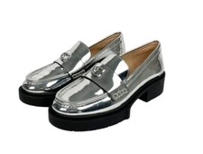 Coach Women's Leah Leather Platform Lug Sole Loafer Shoes Silver Metalic 6B