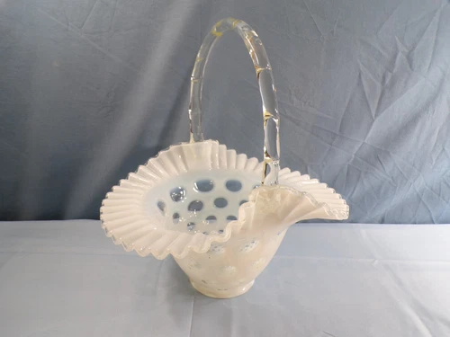 Large Fenton French Opalescent Glass Coin Dot Basket 12" Tall