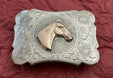 SMALL SIZE Vintage Signed HL Sterling Silver OL Western Horse Trophy Belt Buckle