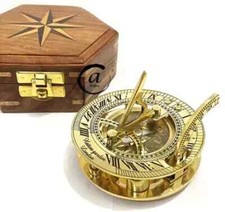 Sundial Clock Brass Compass Wood Box Gift Antique Decor Nautical Compass Sailor