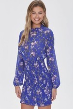 Forever 21 Stunning Dress Above Knee Mini Long sleeve Floral Royal Blue MEDIUM