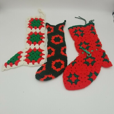 Vintage Handmade Lot of 3 Unique Crochet Granny Square Christmas Stockings 