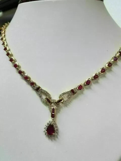 14K Yellow Gold Plated 15CT Pear Cut Lab Created Ruby Collar Women's Necklace
