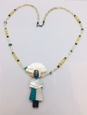 Vintage Navajo Native American Mother Of Pearl Beaded Turquoise Kachina Necklace