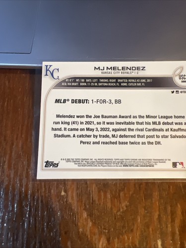 MJ Melendez 2022 Topps Chrome Update Rookie Debut Purple Refractor RC #USC84 - Picture 6 of 6