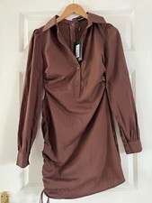 Pretty Little Thing Chocolate Brown Ruched Side Fitted Shirt Style Dress 6 Bnwt