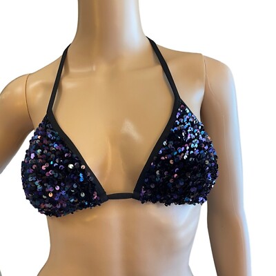 Etam Sequin Fizzy SA Triangle Bikini Top sz S in Black w/Iridescent Style Sequin