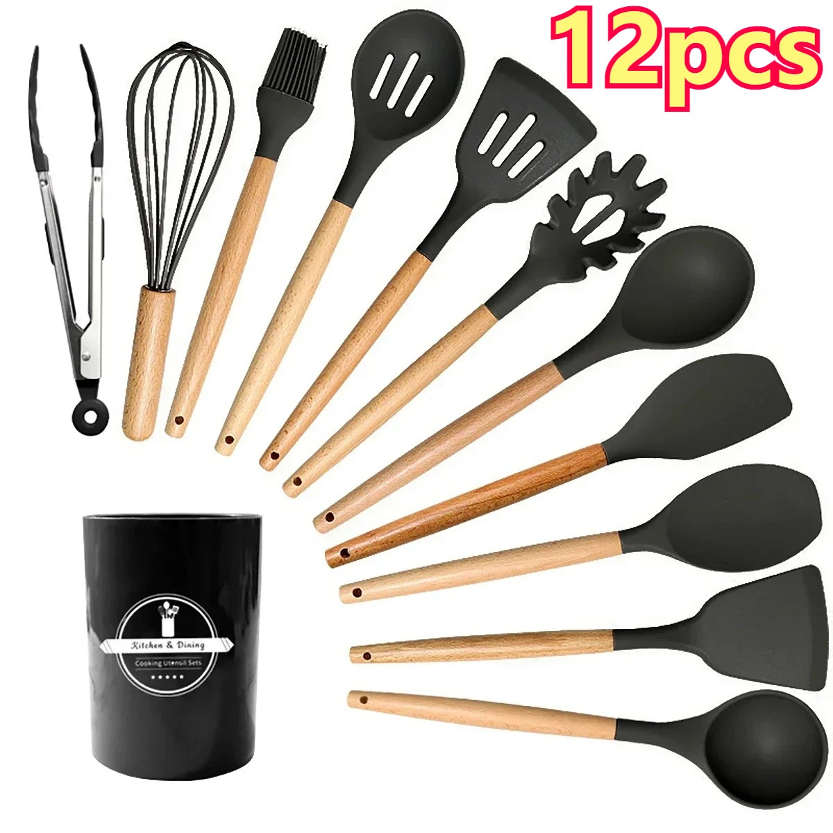 Set d'ustensiles de cuisine en silicone noir de 12 pièces antiadhésif avec manche en bambou