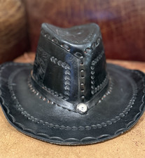 VTG Mexico Hand Tooled Leather Cowboy Hat Horse Deer Black Youth Western