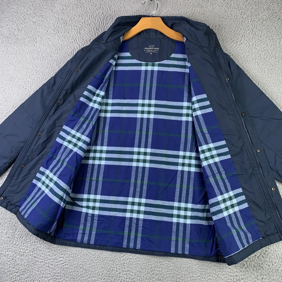 Vineyard Vines Jacket Mens Medium Blue Quilted Plaid Lined Snap Zip Coat Puffer - Image 2 of 4